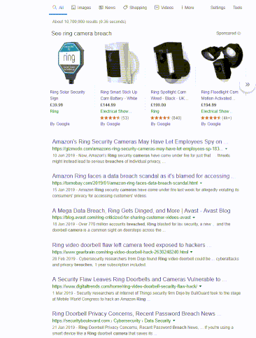 web search for "ring camera breach" showing all of the results